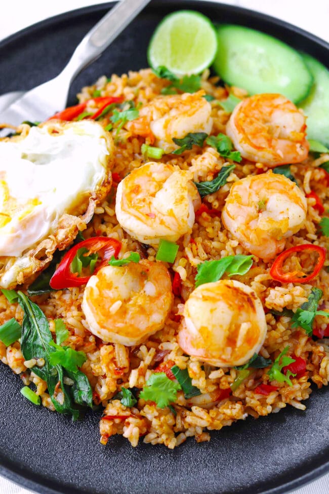 Front view of plate with shrimp fried rice.