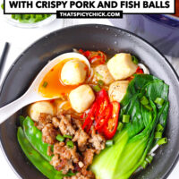 Spoon with a fish ball in a bowl with soup noodles. Text overlay "XO Noodle Soup with Crispy Pork and Fish Balls" and "thatspicychick.com".