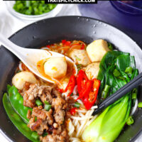 Spoon and chopsticks in a bowl with spicy noodle soup. Text overlay "XO Noodle Soup with Crispy Pork and Fish Balls" and "thatspicychick.com".