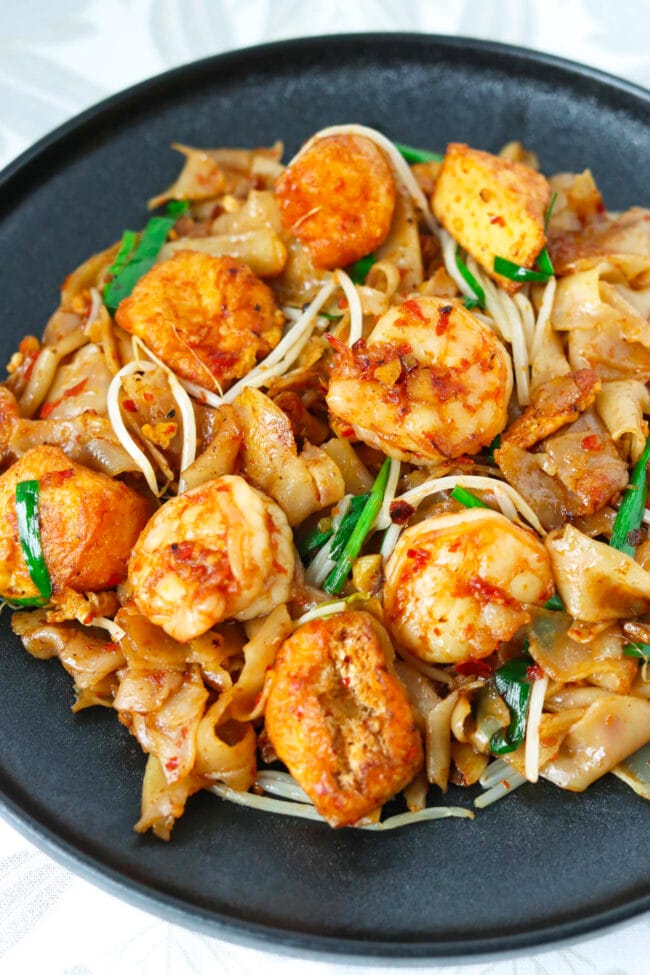 Closeup front view of plate with Char Kway Teow.