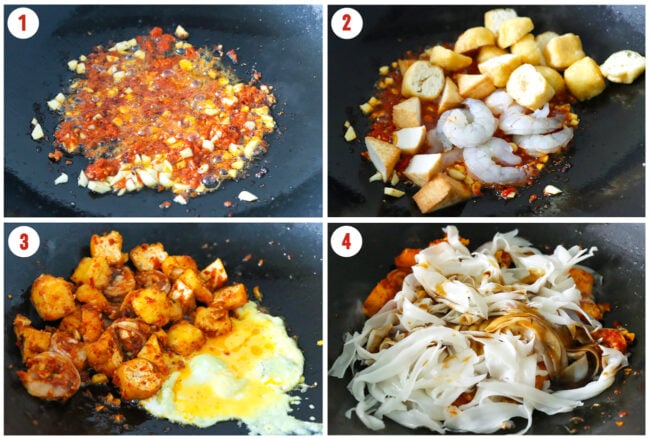 Process steps to cook Char Kway Teow in a hot wok.