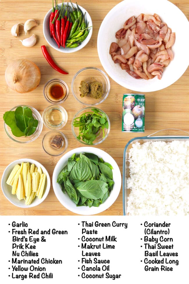 Labeled ingredients for Thai Green Curry Chicken Fried Rice on a wooden board.