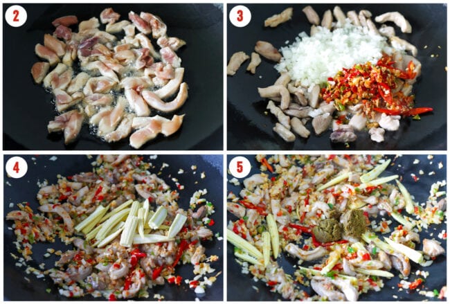 Process steps to stir-fry Thai green curry chicken fried rice in a wok.