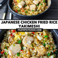 Bowl with fried rice and a spoon and closeup. Text overlay "Japanese Chicken Fried Rice Yakimeshi" and "thatspicychick.com".