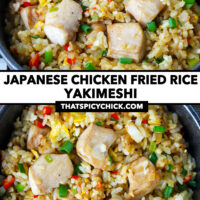 Closeup of fried rice in a bowl. Text overlay "Japanese Chicken Fried Rice Yakimeshi" and "thatspicychick.com".