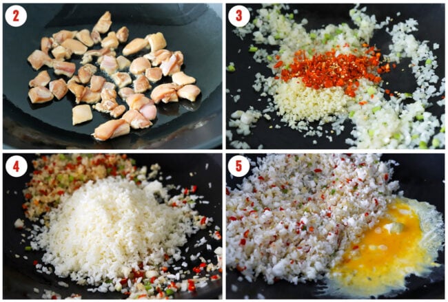 Process steps to make Japanese chicken fried rice.