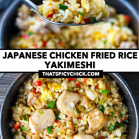 Spoon with a bite of fried rice and fried rice in a bowl. Text overlay "Japanese Chicken Fried Rice Yakimeshi" and "thatspicychick.com".