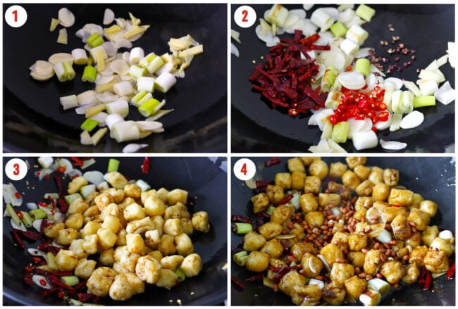 Process steps to stir-fry Kung Pao Tofu Puffs.