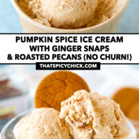 Ice cream scoop in paper carton and scoops and cookie in a dessert glass. Text overlay "Pumpkin Spice Ice Cream with Ginger Snaps & Roasted Pecans (No Churn!)" and "thatspicychick.com".