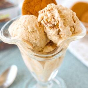 Pumpkin spice ice cream scoops and a ginger snap cookie in a dessert glass.