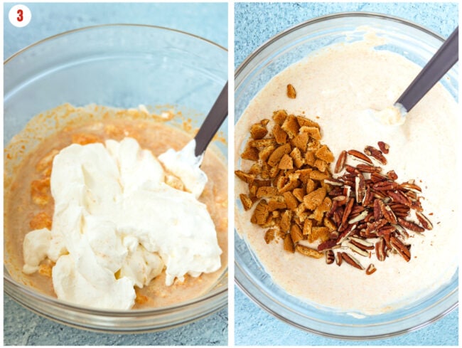 Folding whipped cream into flavorings mixture and folding in roasted pecans and ginger snaps.