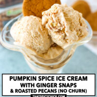 Closeup of ice cream scoops in a tall dessert glass with a cookie. Text overlay "Pumpkin Spice Ice Cream with Ginger Snaps & Roasted Pecans (No Churn)" and "thatspicychick.com".
