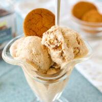 Ice cream scoops in a dessert glass with a ginger snap cookie and spoon.