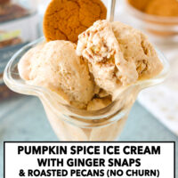Ice cream scoops, spoon and a ginger snap cookie in a dessert glass. Text overlay "Pumpkin Spice Ice Cream with Ginger Snaps & Roasted Pecans (No Churn)" and "thatspicychick.com".