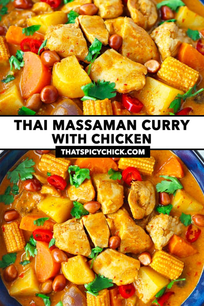 Chicken curry with potatoes, carrots, baby corn and peanuts in a blue serving bowl. Text overlay "Thai Massaman Curry with Chicken" and "thatspicychick.com".