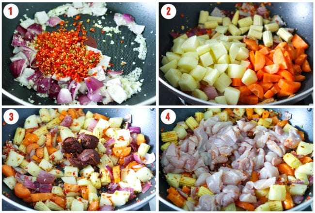 Process steps to make Massaman chicken curry in a wok.