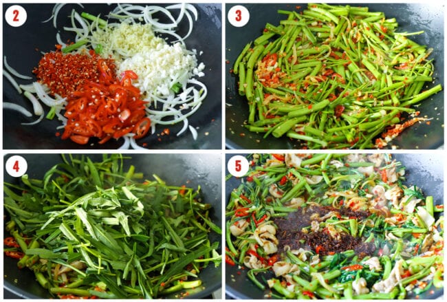 Process steps to stir-fry XO Sauce with Pork and Water Spinach.