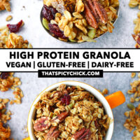 Granola on spoon and in bowl. Text overlay "High Protein Granola", "Vegan | Gluten-Free | Dairy-Free", and "thatspicychick.com".