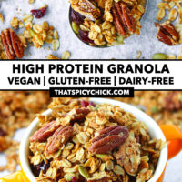 Granola on a silver spoon and in a bowl. Text overlay "High Protein Granola", "Vegan | Gluten-Free | Dairy-Free", and "thatspicychick.com".