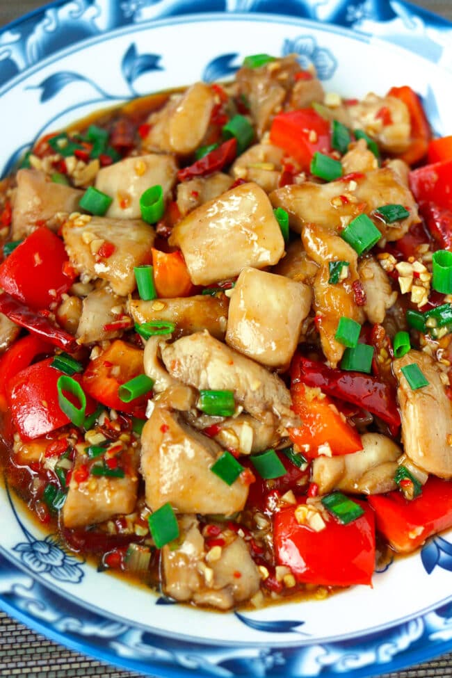 Closeup front view of Sichuan Garlic Chicken Stir-fry on a plate.