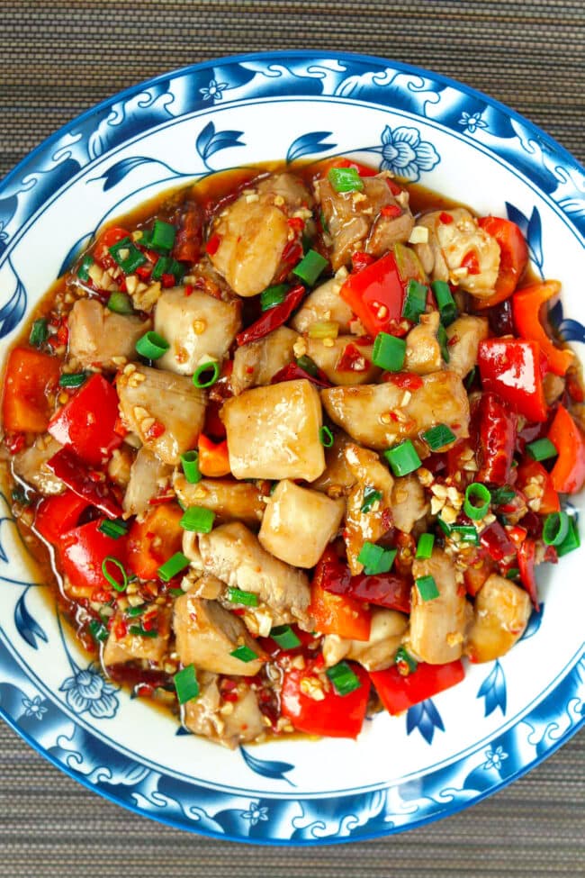 Closeup of Sichuan Garlic Chicken Stir-fry on a plate.