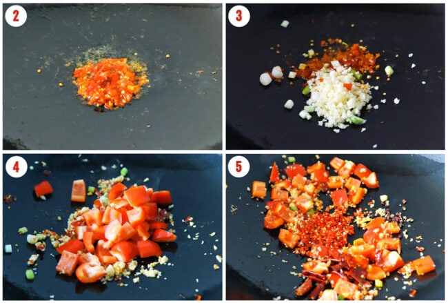Process steps to make Sichuan Garlic Chicken Stir-fry in a wok.