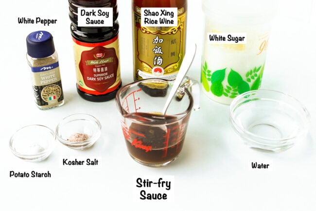 Labeled sauce ingredients for Sichuan Garlic Chicken Stir-fry.