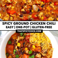 Dutch oven and bowl with chicken chili. Text overlay "Spicy Ground Chicken Chili", "Easy | One-Pot | Gluten-free" and "thatspicychick.com".