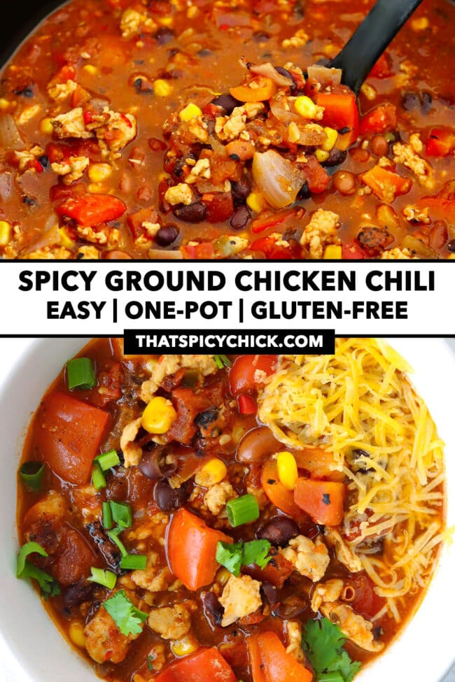 Ladle scooping up chicken chili from a pot and bowl with chili. Text overlay "Spicy Ground Chicken Chili", "Easy | One-Pot | Gluten-free" and "thatspicychick.com".