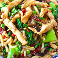 Plate with spicy chicken noodles stir-fry. Text overlay "Chili Garlic Chicken Noodles" "Sichuan Yu Xiang Style", and "thatspicychick.com".