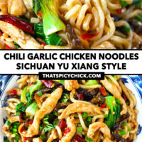 Chopsticks noodle pull and plate with stir-fried spicy chicken noodles. Text overlay "Chili Garlic Chicken Noodles", "Sichuan Yu Xiang Style" and "thatspicychick.com".