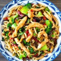 Plate with spicy garlic chicken noodles. Text overlay "Chili Garlic Chicken Noodles", "Sichuan Yu Xiang Style" and "thatspicychick.com".
