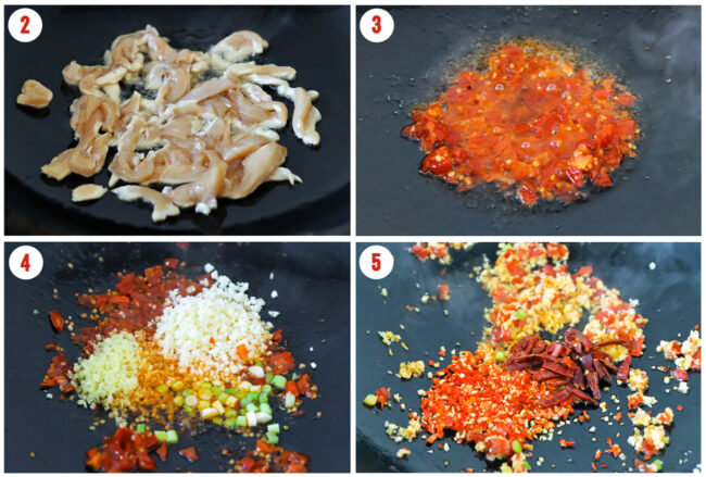 Process steps to stir-fry chicken, aromatics, and chilies in a wok.