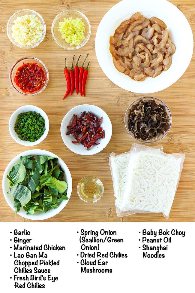 Labeled ingredients for chili garlic chicken noodles on a wooden board.