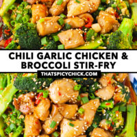 Closeup of serving plate with chicken and broccoli stir-fry. Text overlay "Chili Garlic Chicken & Broccoli Stir-fry" and "thatspicychick.com".