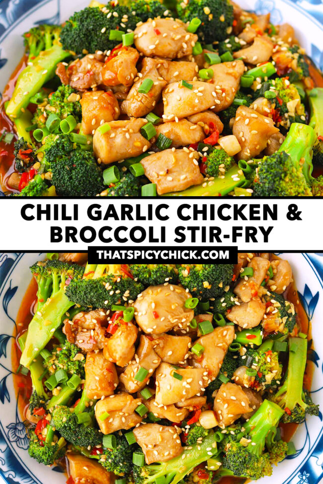 Closeup of plate with chicken and broccoli stir-fry. Text overlay "Chili Garlic Chicken & Broccoli Stir-fry" and "thatspicychick.com".