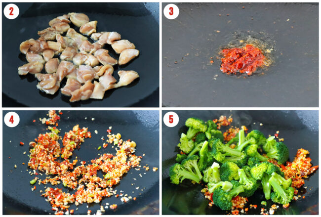Process steps to stir-fry chili garlic chicken and broccoli in a wok.