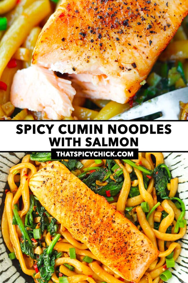 Salmon filet cut into with fork and on noodles on a plate. Text overlay "Spicy Cumin Noodles with Salmon" and "thatspicychick.com".