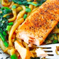 Closeup of salmon fillet flaked with a fork on stir-fried noodles on a plate.
