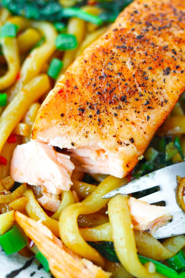 Closeup of salmon fillet flaked with a fork on stir-fried noodles on a plate.