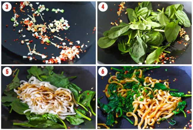 Process steps to stir-fry spicy cumin noodles in a wok.