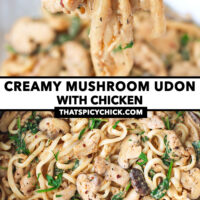 Fork with a bite of noodles and chicken and close-up in pan. Text overlay "Creamy Mushroom Udon with Chicken" and "thatspicychick.com".