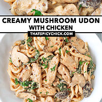 Creamy noodles with chicken and mushrooms close-up on plate. Text overlay "Creamy Mushroom Udon with Chicken" and "thatspicychick.com".
