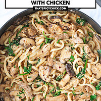 Pan with cream sauce noodles with mushrooms and chicken. Text overlay "Creamy Mushroom Udon with Chicken" and "thatspicychick.com".