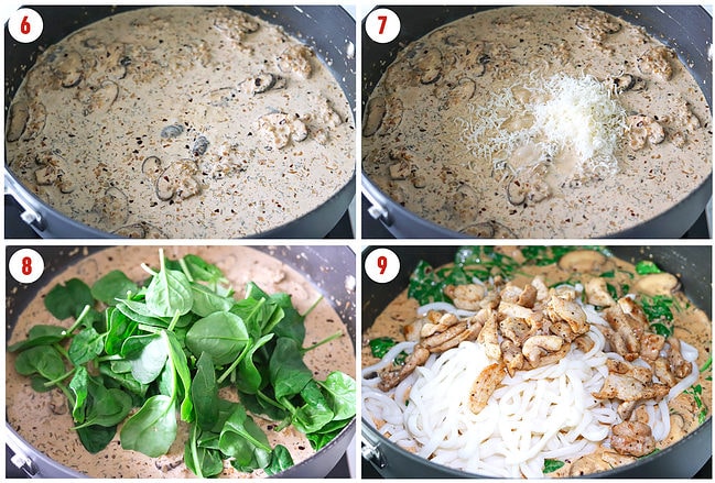 Process steps for creamy mushroom udon - added cream, cheese, baby spinach, udon and chicken to pan.