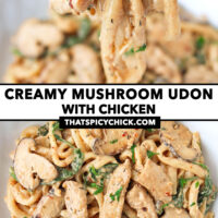 Fork with a bite of noodles and cream sauce noodles with mushrooms and chicken on a plate. Text overlay "Creamy Mushroom Udon with Chicken" and "thatspicychick.com".
