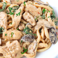 Close-up front view of plate with creamy mushroom and chicken noodles. Text overlay "Creamy Mushroom Udon with Chicken" and "thatspicychick.com".
