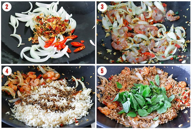 Process steps to make Thai basil shrimp fried rice in a wok.