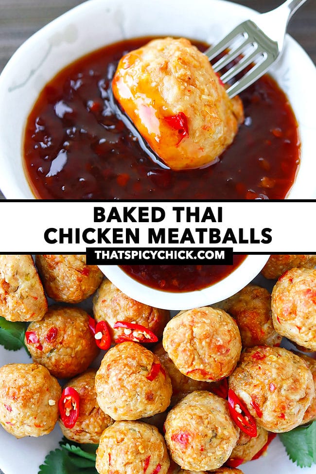 Meatball dipped in bowl of sauce and plate with meatballs. Text overlay "Baked Thai Chicken Meatballs" and "thatspicychick.com"