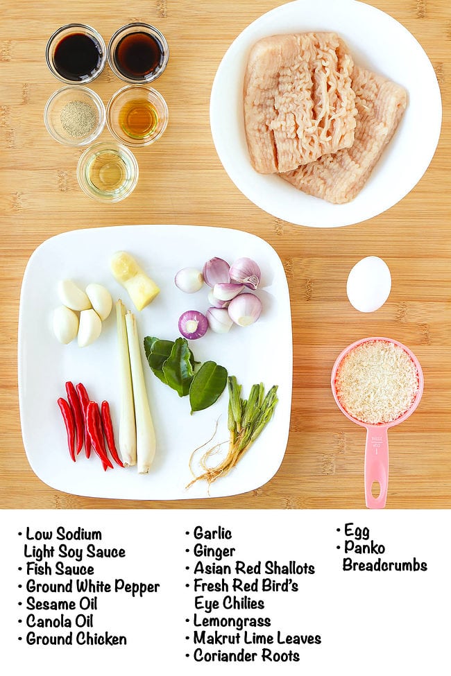 Labeled ingredients for Baked Thai Chicken Meatballs.